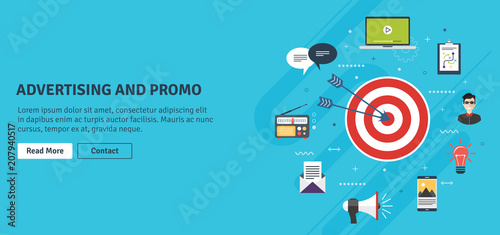 Business marketing,promotion,advertising and strategy.Advertising and marketing communication icons.Advertising and promotion internet banner concept with icons in flat design vector illustration.