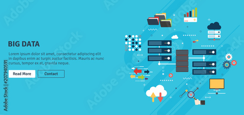 Network server of computers and business intelligence.Database security system. Backup data traffic analysis. Big Data and cloud computing banner concept with icons in flat design vector illustration.