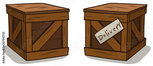 Cartoon wooden delivery box crate vector set