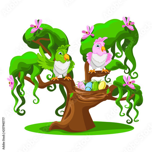 cartoon tree with funny parrots. Colorful vector illustration.