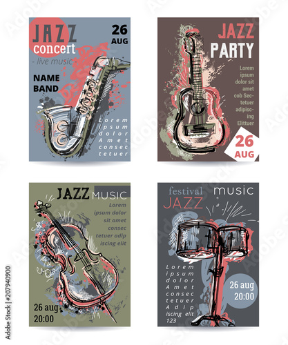 Jazz music party with musical instruments. Saxophone, guitar, cello, drum kit with grunge watercolor splashes. Design template for invitation, card, poster, placard and flyer. Vector illustration 