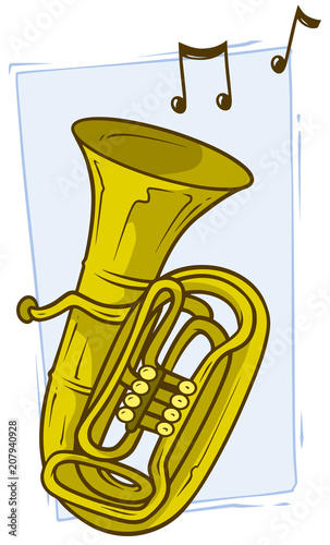 Cartoon yellow copper tuba with musical notes