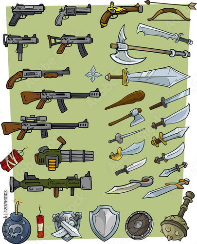 Cartoon big weapons and explosive game icons set
