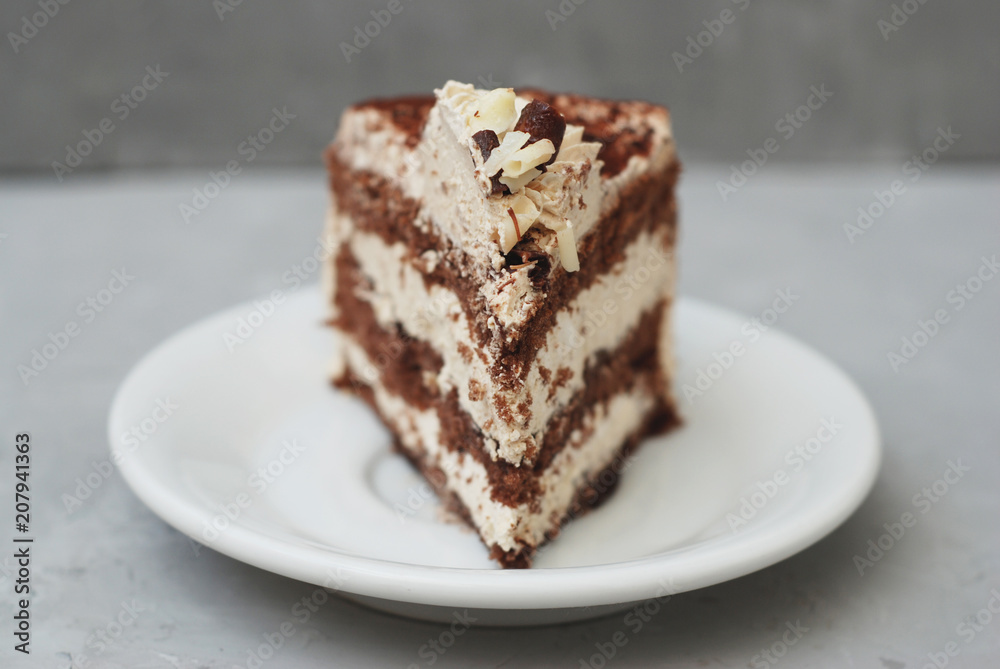 Delicious Piece of Chocolate Cake in white Plate Gray Textured Background Isoalted Sweet Dessert Delicious Piece of Chocolate Cake in white Plate Gray Textured Background Isoalted Sweet Dessert