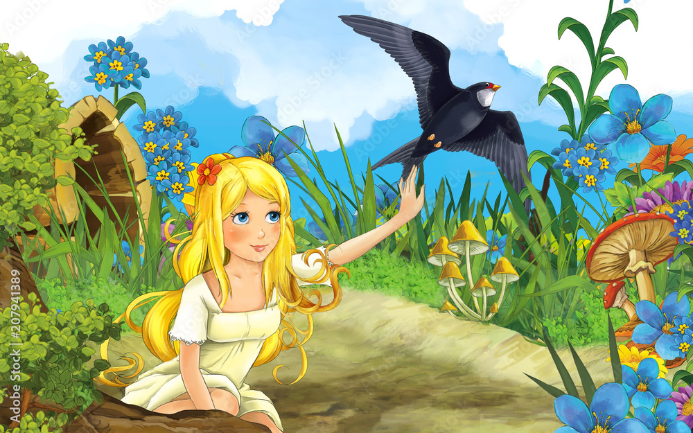 cartoon scene with young beautiful girl and flying cuckoo bird on the  meadow - illustration for children Stock Illustration | Adobe Stock