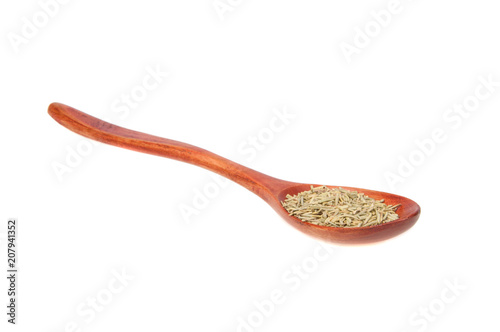 Dried rosemary spice in wooden spoon isolated on the white