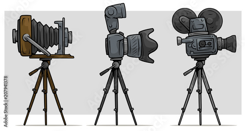 Cartoon movie and photo camera on tripod set