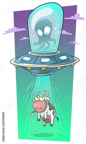 Cartoon alien monster in spaceship stealing cow