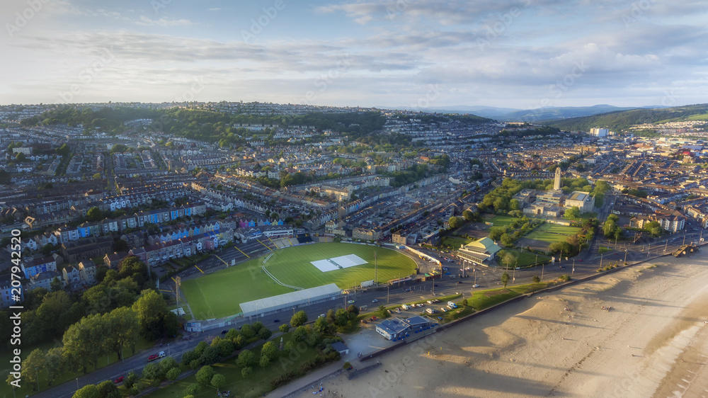 Editorial SWANSEA, UK - June 2, 2018: An aerial view of St Helen's Rugby and Cricket Ground, Brynmill and Victoria Park, South Wales, UK, 
