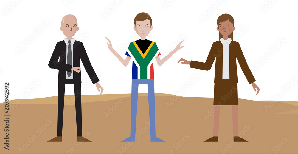 Two suited, man and woman arguing about something while South African guy trying to stop them vector drawing, Tshirt with a South African flag, In desert