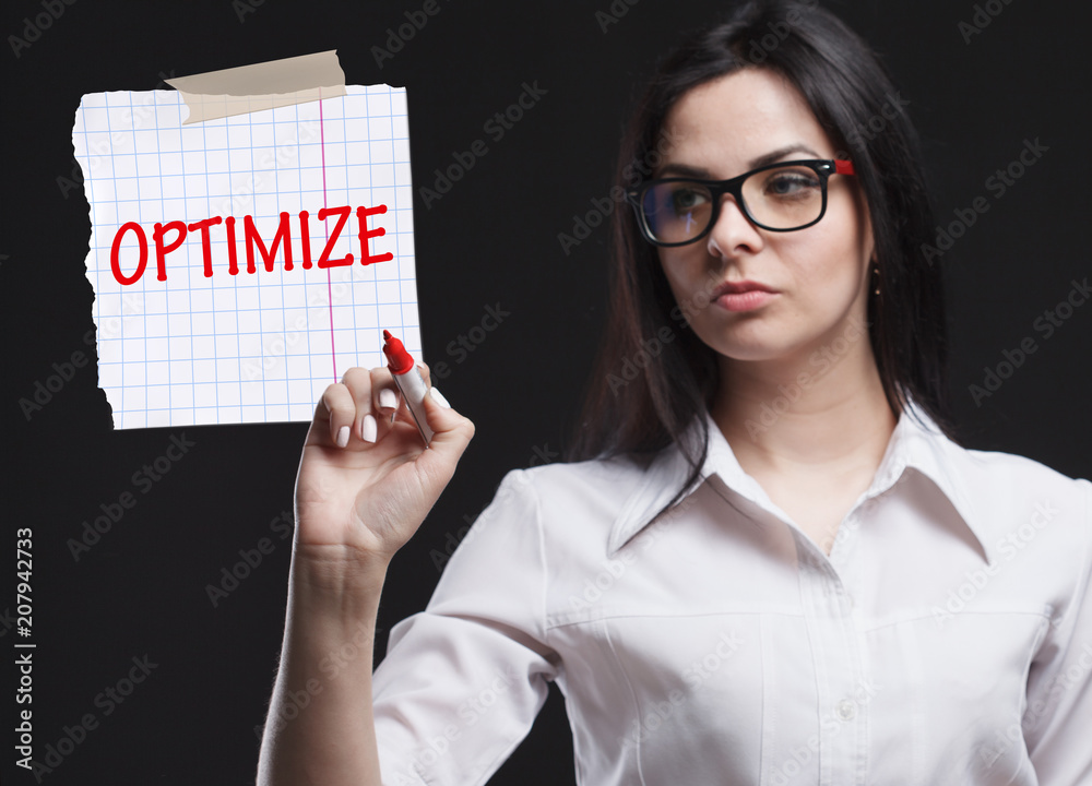 The concept of marketing, technology, the Internet and the network. A young businessman shows what is important for business: Optimize The concept of marketing, technology, the Internet and the network. A young businessman shows what is important for business: Optimize
