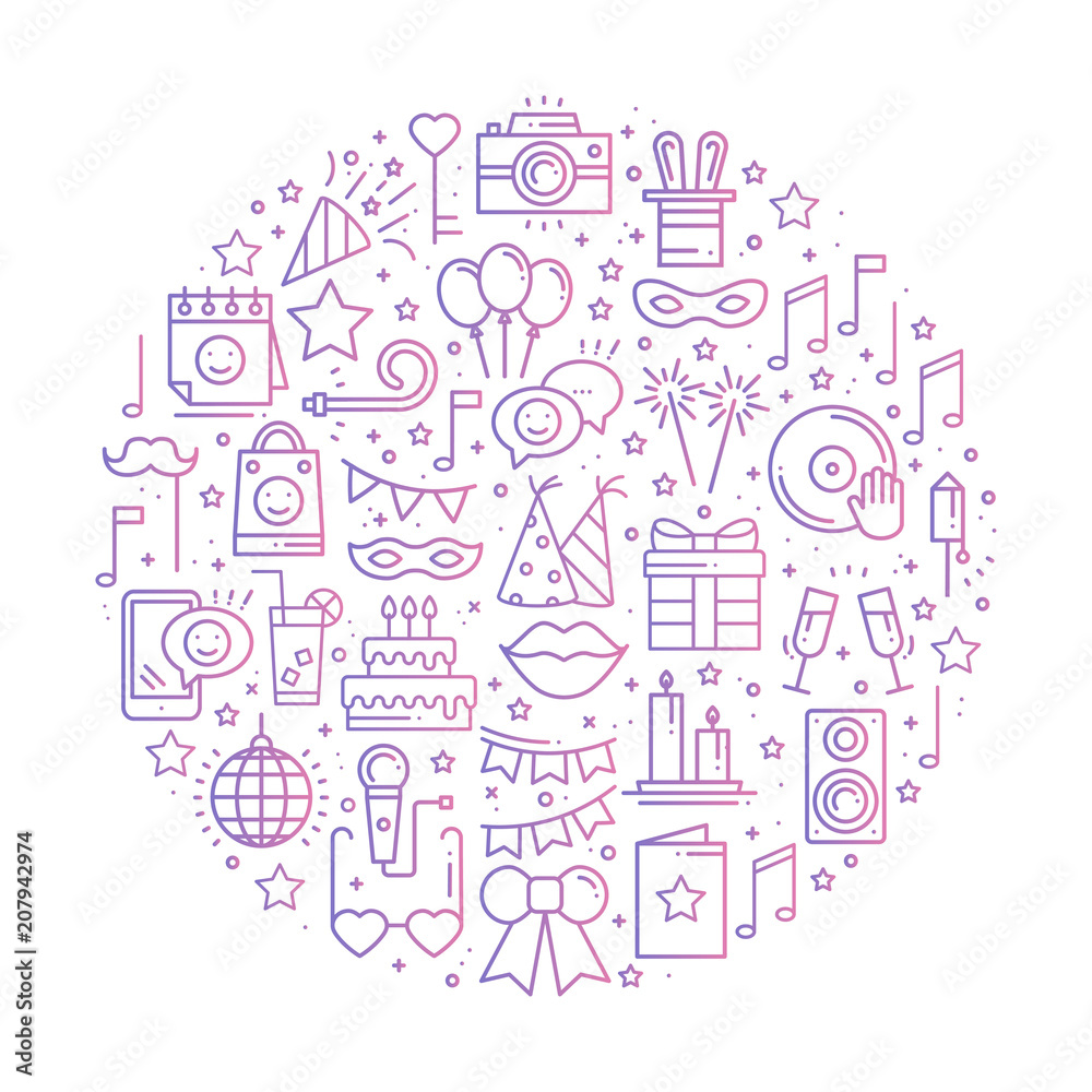 Circle with Party Symbols in Line Style. Basic Birthday Elements Concept Theme. Unique Party Round Print. Holidays event carnival festive. Mask Gifts Cake Cocktail Firework. Circle with Party Symbols in Line Style. Basic Birthday Elements Concept Theme. Unique Party Round Print. Holidays event carnival festive. Mask Gifts Cake Cocktail Firework.