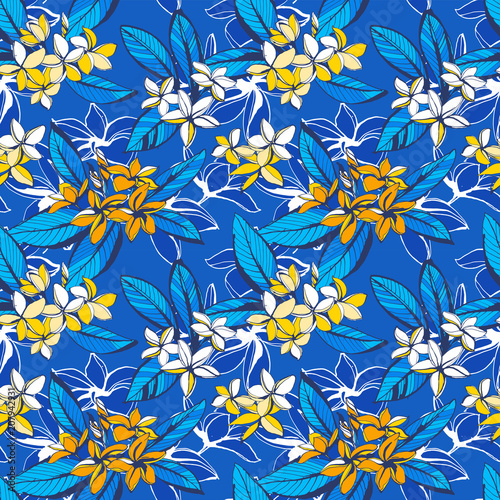 Vector illustration Tropical floral summer seamless pattern plumeria flowers palm leaves. Ink splatter grunge style. Texture, floral design, tropical background, summer time, summer beach party print