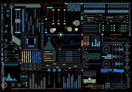 HUD Futuristic Elements Pattern Background Design Vector. Colorful Abstract UI Monitor Control Template Illustration
