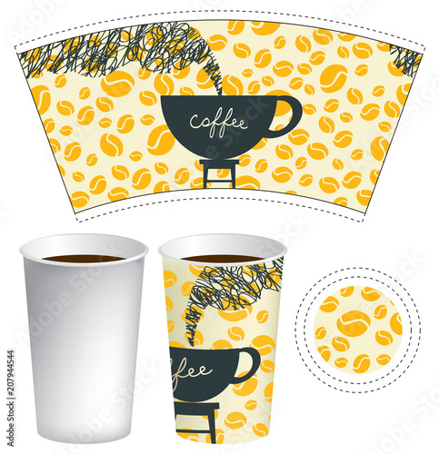 Vector template paper Cup for hot drinks with the inscription coffee and Cup of coffee with steam on a small table on yellow seamless background with coffee beans.