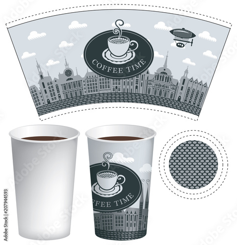 Vector template paper cup for hot drinks with the words coffee time and cup of coffee on a background of old town with airship and clouds.