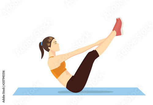 Woman doing abdominal workout with v-ups exercise. Illustration about Bodyweight to get six-pack Abs.