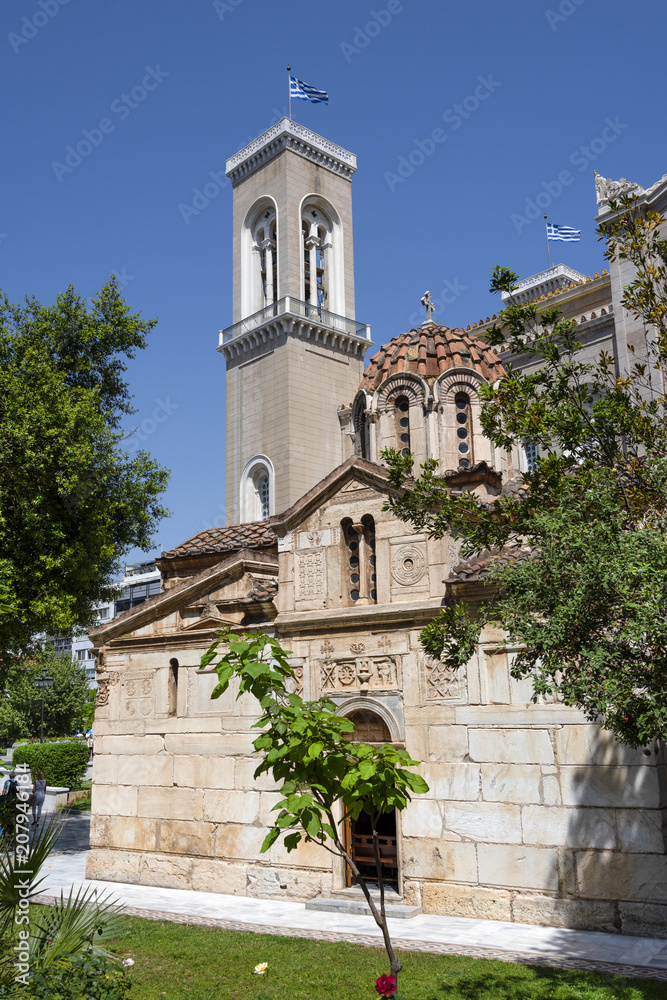 Greece, Athens: Greek Orthodox Little Metropolis church formally Church of St. Eleutherios or Panagia Gorgoepikoos near Metropolitan Cathedral in the city center of the Greek capital with blue sky.