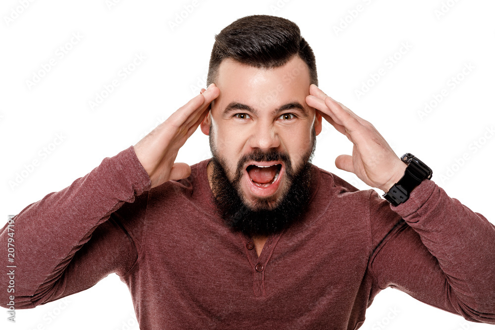 bearded man screaming on white background. bearded man screaming on white background.