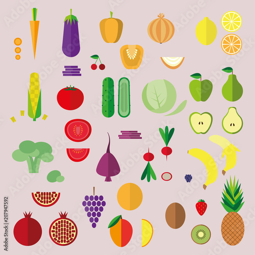 Set of flat icons: vegetables and fruits.