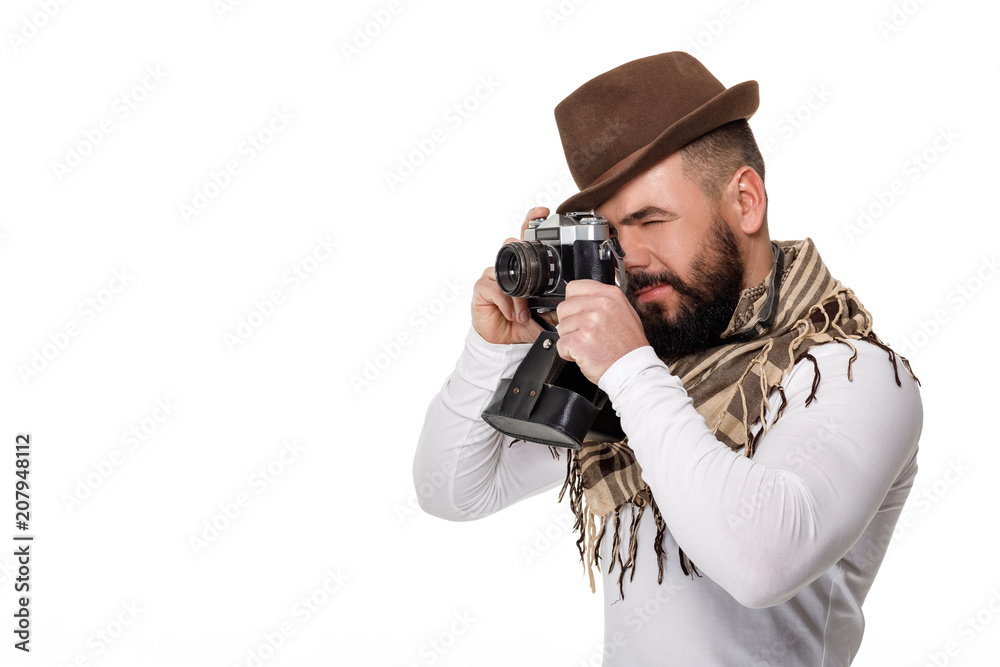 photographer with retro camera takes photos photographer with retro camera takes photos