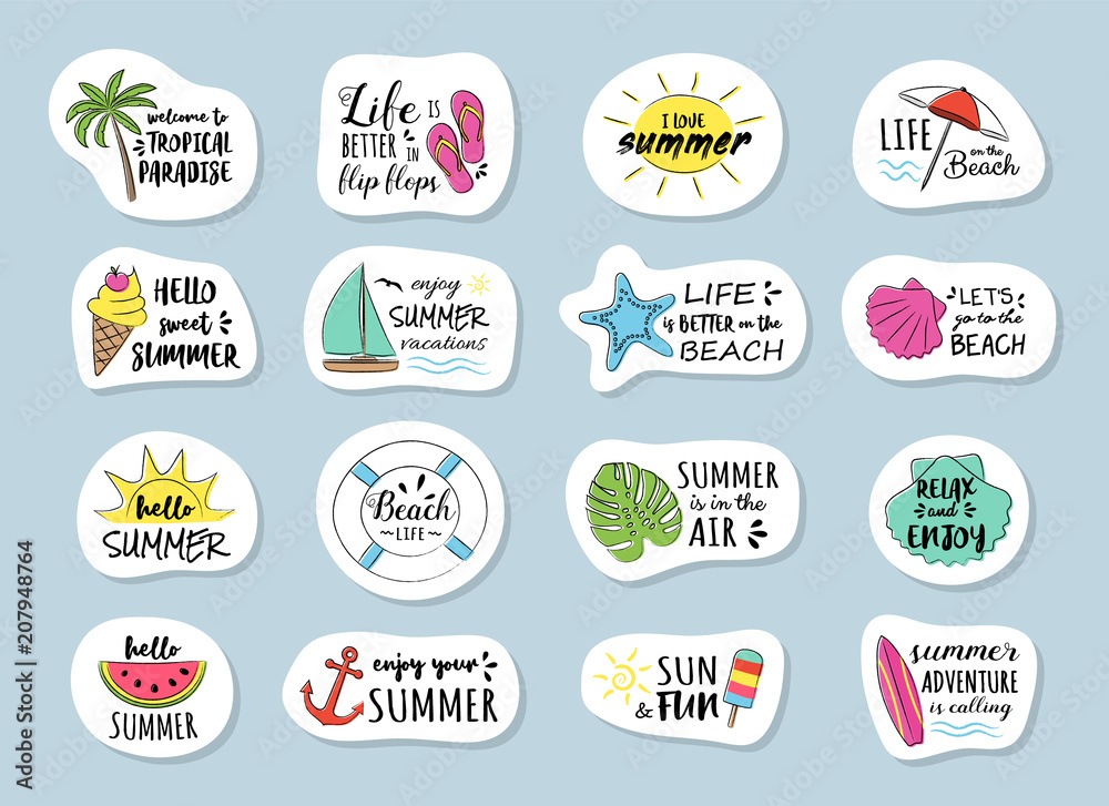 Funny summer typography with icons - big set. Vector.
