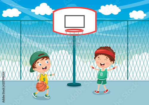 Vector Illustration Of Kid Playing Basketball