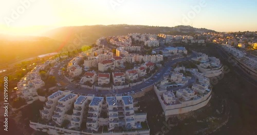 Aerial Shot Of Jerusalem Settlements Neighborhoods At Sunset Time. eastern Jerusalem occupation territory 