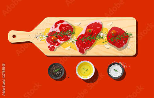 Raw prime beef steaks, rib eye, strip loin, tenderloin and seasoning on wooden cutting board, vector, illustration