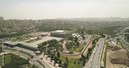 The Knesset Building In Jerusalem, Aerial view of Israel National Legislature Parliament Government. House of Law and Democracy Israeli Parliament house, Capital Jerusalem, Israe photo