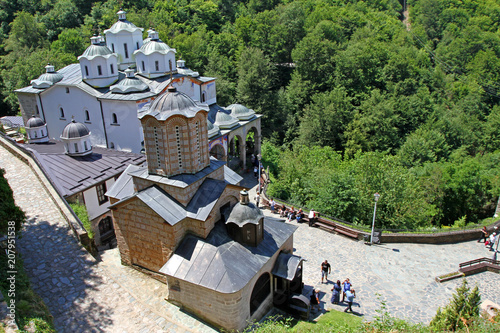 Panorama to church of Virgin Mary and medieval building in Monastery Saint Joachim of Osogovo, Kriva Palanka, Republic of Macedonia. The domes of a church. Christianity. East Orthodox Osogovo monaster photo