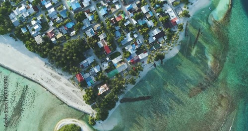Drone Flies Above Tropical Village Island Ocean Maldive White Sand Beach