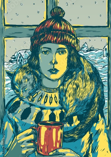 Winter girl drinking hot beverage