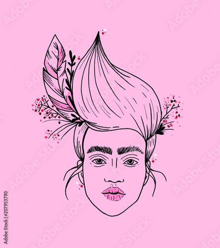 Girl on pink background with flowers in her hair photo