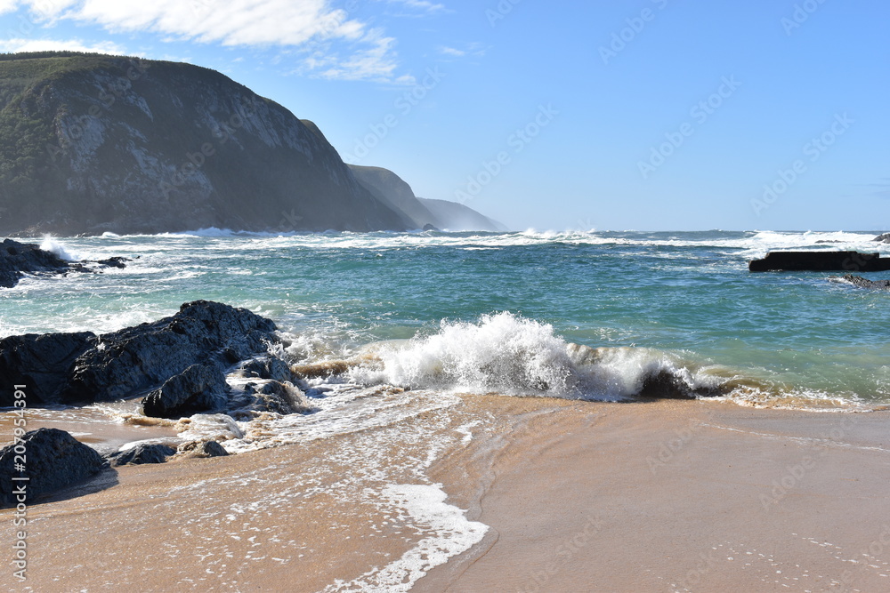 Mountainous Landscape with the beautiful beach at Tsitsikamma National Park in South Africa