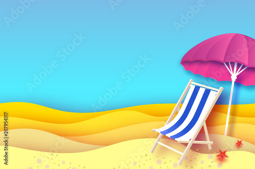 Pink parasol - umbrella in paper cut style. Blue Chaise lounge. Origami sea and beach. Vacation and travel concept.