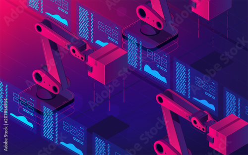 Isometric automated robot arms. Smart automated robotic arms holding box in a warehouse. Modern logistics center in ultra violet colors. Vector 3d isometric illustration ultraviolet background.