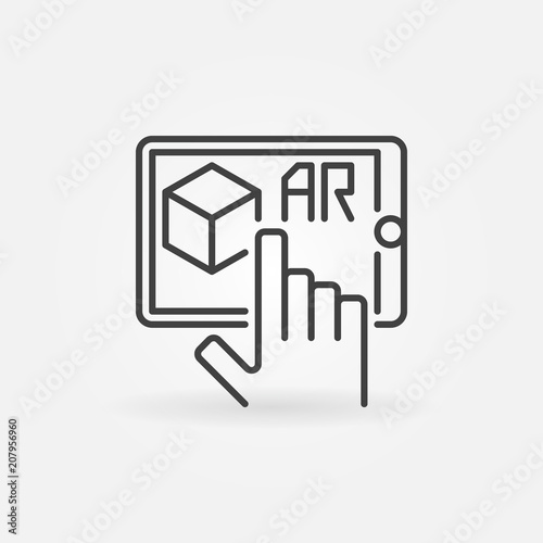 Hand with tablet linear icon - vector augmented reality sign