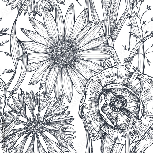 Vector seamless pattern with hand drawn poppy and other flowers and plants