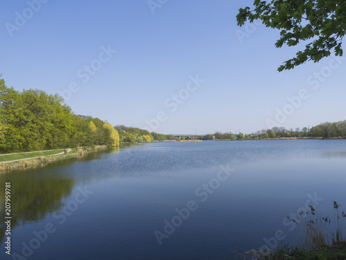 pond in Dolni Pocernice, biggest Prague pond, green tree and clear blue sky © Kristyna
