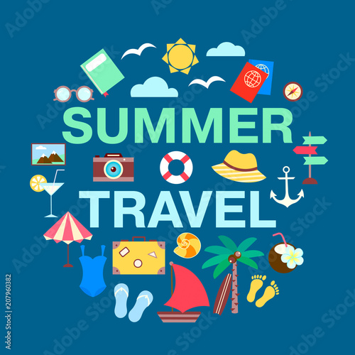 Summer travel concept vector collection. Marine holidays symbols. Ready for adventure concept vector illustration.