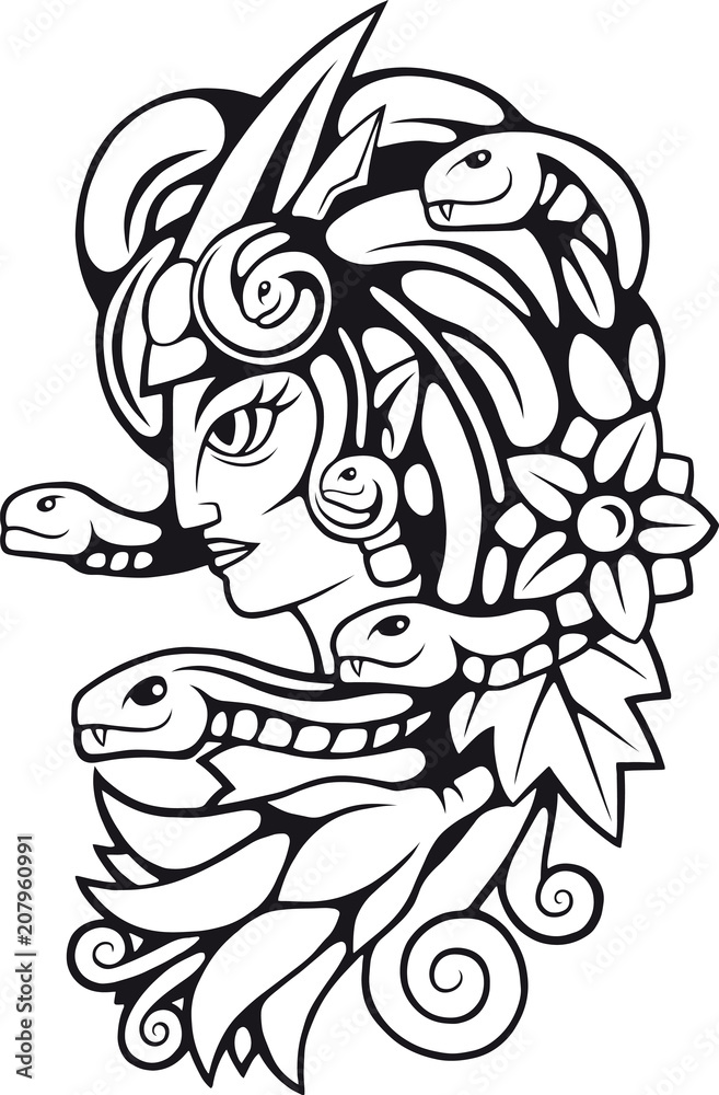 Ancient Greek mythological medusa gorgon character, contour illustration