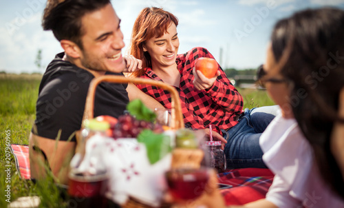 Group of happy friends having picnic at sunny day, people hanging out, having fun while eating and drinking