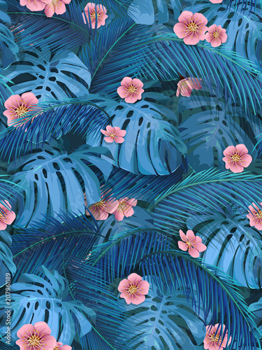 Exotic leaves and pink flowers seamless tropical background for fabric wallpaper. Leaves of monstera and banana palm.