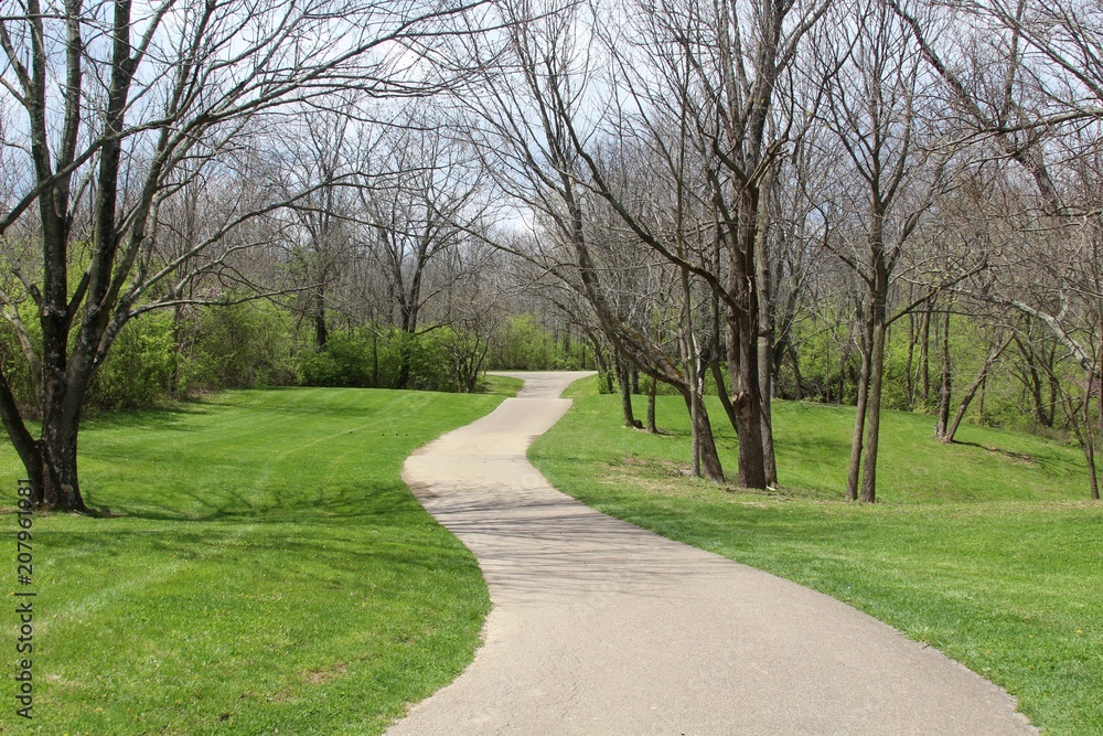 The winding pathway in the park on a sunny spring day. The winding pathway in the park on a sunny spring day.