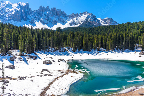The amazing spring landscape of Lake of Carezza in the Dolomites in South Tyrol, Italy