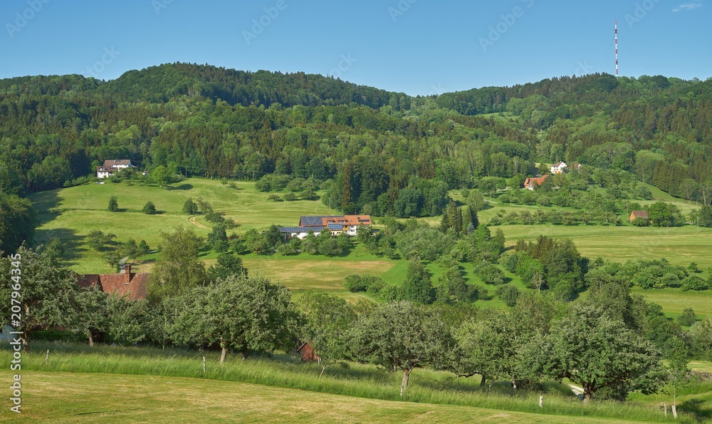 Bewaldete Hügel, grüne Wiesen und einzelne Gehöfte im schönen Deggenhausertal. 
Bodenseekreis, Baden-Württemberg, Deutschland