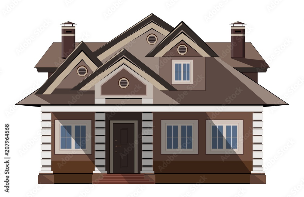 Exterior of the house. Vector illustration. A modern building. The facade of the house with doors and windows