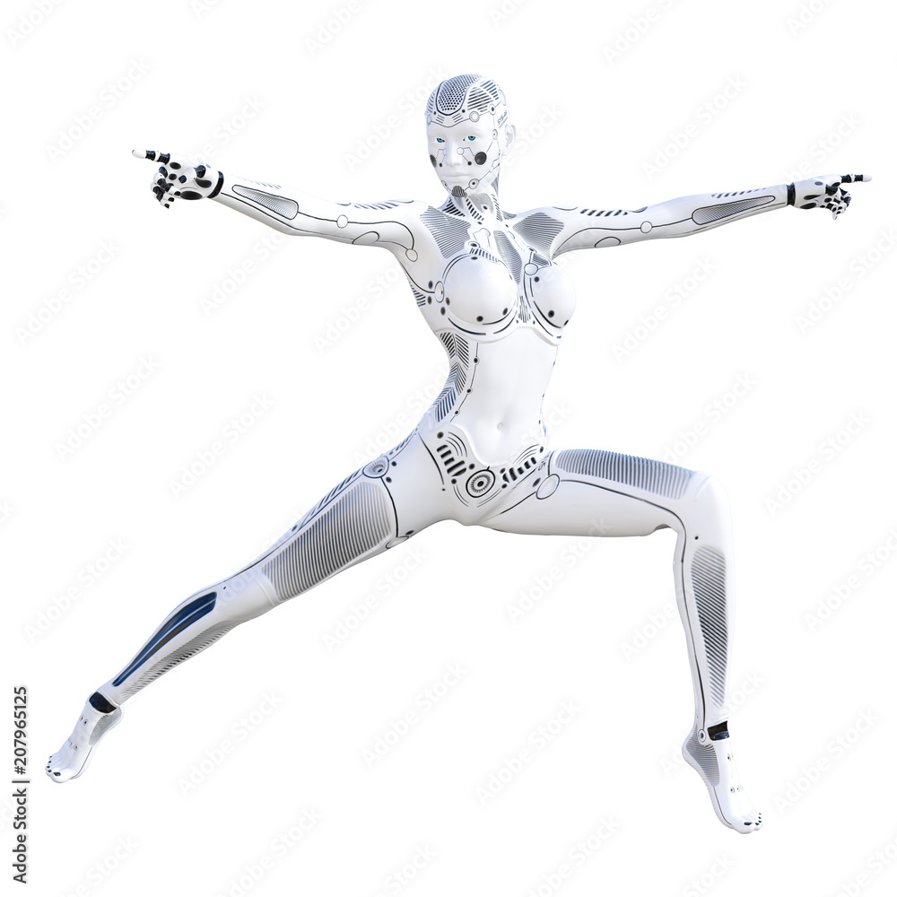 Robot woman fighting action. Metal droid. Artificial Intelligence. Conceptual fashion art. Realistic 3D render illustration. Studio, isolate, high key. Robot woman fighting action. Metal droid. Artificial Intelligence. Conceptual fashion art. Realistic 3D render illustration. Studio, isolate, high key.