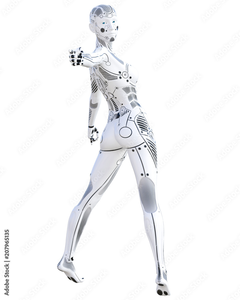 Robot woman fighting action. Metal droid. Artificial Intelligence. Conceptual fashion art. Realistic 3D render illustration. Studio, isolate, high key.